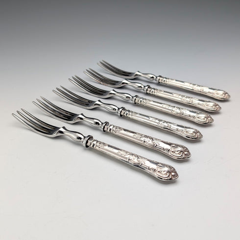 1973 British Vintage Sterling Silver Handle Dessert Fork x6 Harrison Brothers Case Included